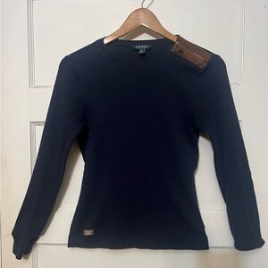 Ralph Lauren Navy Long Sleeve Crew W/ Suede Elbow
Patches & Shoulders Medium
